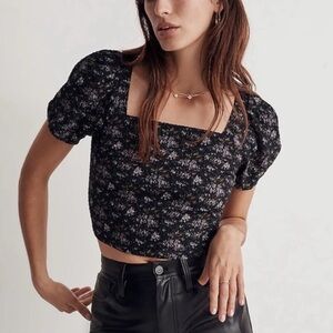 🔥Madewell Black Floral Puff Sleeve Crop Top Size Small Women